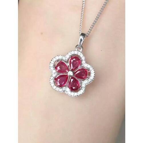 Natural red ruby pendant S925 silver Natural yellow crystal Pendant Necklace trendy Elegant luxurious Flowers women jewelry