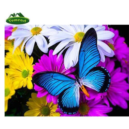 Full,Round,Diamond Embroidery,Diamond Painting,Cross Stitch,3D,Diamond Mosaic,Needlework,Gift,Blue Butterfly Among Flowers