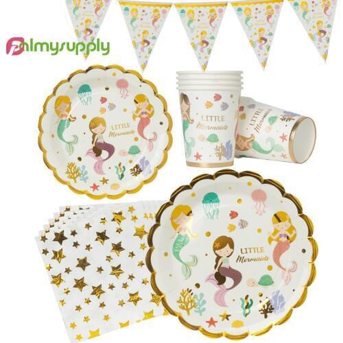 Dropshipping Bronzing mermaid girls birthday party supplies Paper cup plate paper towel birthday party table setting tableware