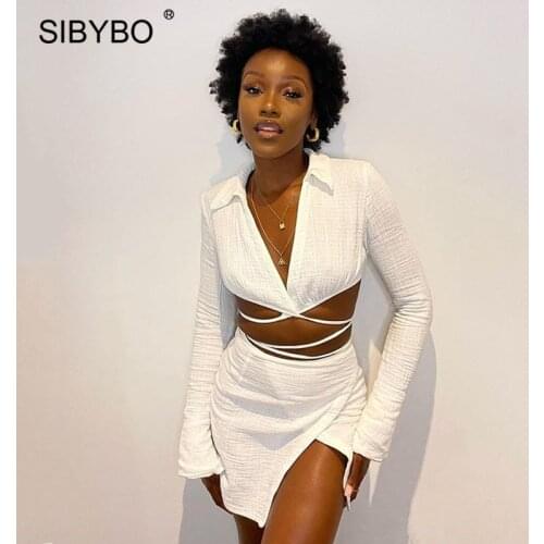 Sibybo White Bandage Two Piece Set Women Summer Outfit Sexy Criss Cross Long Sleeve Shirt Top And Side Split Skirt Matching Sets