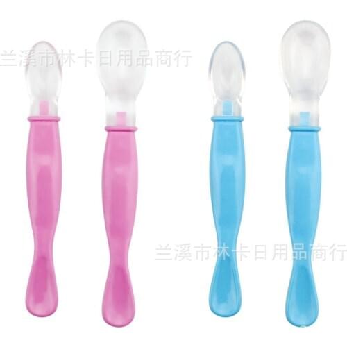 Silicone soft head spoon two-piece / baby temperature warming tableware children spoon