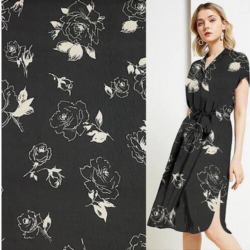 Pure silk crinkle georgette gauze silk fabric black and white rose print,SCG488