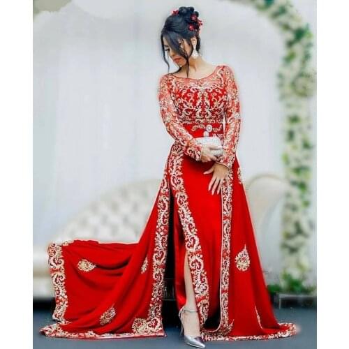 2021 Red Mermaid Formal Evening Dresses Long Sleeves Gold Lace Plus SizeTraditional Karakou Algeria Caftan Evening Gowns