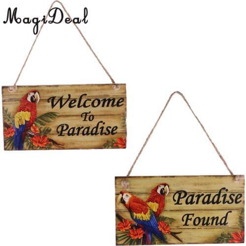 MagiDeal Vintage Welcome to Paradise Wooden Plaque with Jute Twine Hanging Sign with Parrot Decoration Furniture Sticker