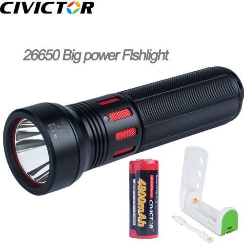 Military Big Power Tactical Flashlight 26650 Rechargeable Battery USB Charger - Bright Led Flashlight 900 Lumen High Beam 365m
