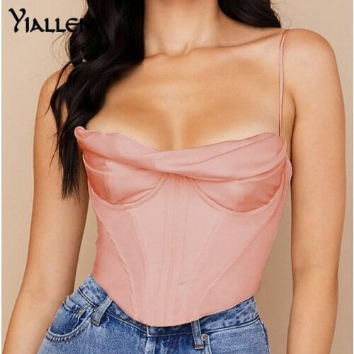 Yiallen Satin Corset Top Sexy Spaghetti Strap Lining Cowl Neck Boning Padded 2Layer Backless Zipper Bustier Crop Tops Women