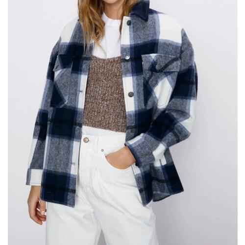 2020 Women Fashion Plaid Za Long Jacket Female Spring Cotton Green Long Sleeve Loose Outwear Women Casual Single Breasted Jacket