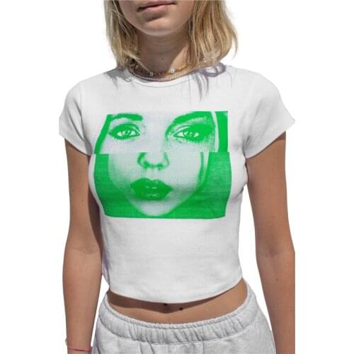 Womens Summer Top Human Face Printing O-neck T-shirt Gothic Short Sleeve Midriff-baring Crop Tops Y2k Shirt Aesthetic Clothes