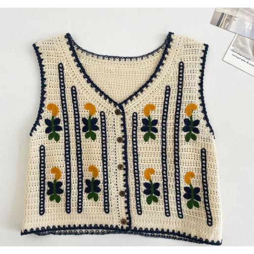 2021 Summer New Women Sleeveless V-Neck Knitted Vest Coat Floral Embroidery Single Breasted Crop Top Casual Cardigans