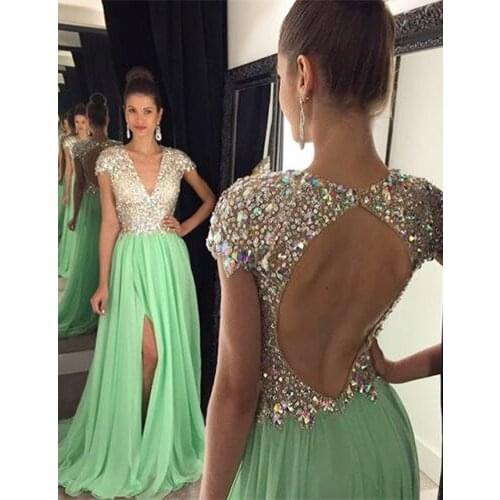 Beautiful A Line Prom gown 2018 Beads Crystal Backless Slit Long Robe De Spiree Vestido De Festa mother of the bride dresses