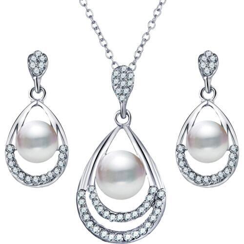 3 Pcs/set Water Drop Shape Necklace Pearl Pendant Long Necklace For Women Silver 2019 Rhinestone Beads Pearl Suit Accessories
