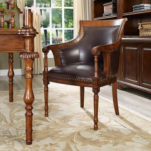 American rural solid wood book chair European retro armchair office chair computer chair study leather leisure chair