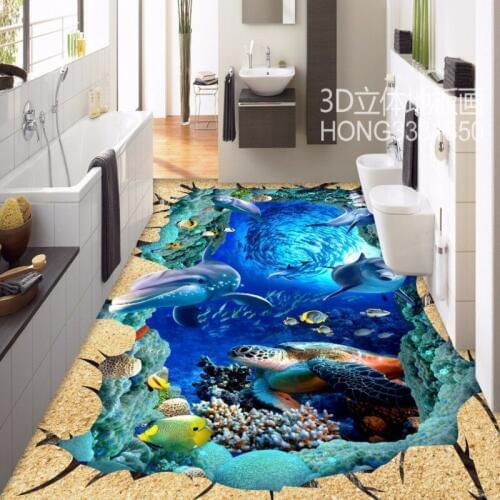 Free Shipping 3D Sea World Street Park floor painting bathroom aquarium nursery home decoration wear floor wallpaper mural