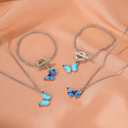 CANZE Summer New Gradient Color Butterfly Necklace Bracelet Color Cute Couple Necklace Bracelet