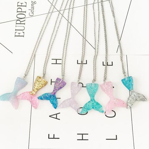 8pcs/lot Glitter Mermaid Tail Pendant Necklace 45cm 50cm 60cm Stainless Steel Chain Necklace Cute Birthday Gift Handmade