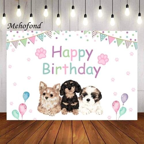 Mehofond Puppy Dog Happy Birthday Themed Photography Background Pink Girl Birthday Party Portrait Backdrop Photo Studio Props