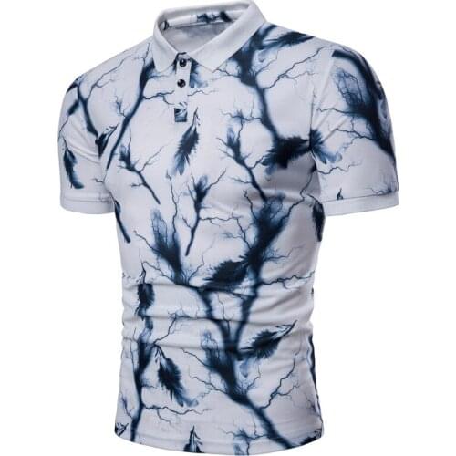 Short-Sleeved Spring and Summer New Mens Casual Feather Print Slim-Fit Lapel T-Shirt