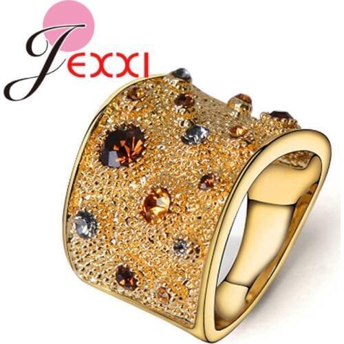 Punk Hip Hop Stylish Yellow Gold Color Finger Rings Wide Band Chunky Rock Jewelry for Women Men Multicolored Cubic Zircon Stone