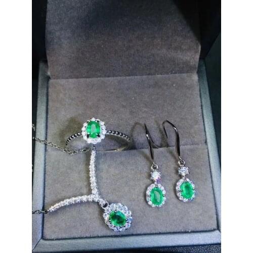 High Pure Natural Real Emerald Set 925 Sterling Silver 1pc Emerald Ring,2pcs Emerald Earring,1pc Emerald Pendant