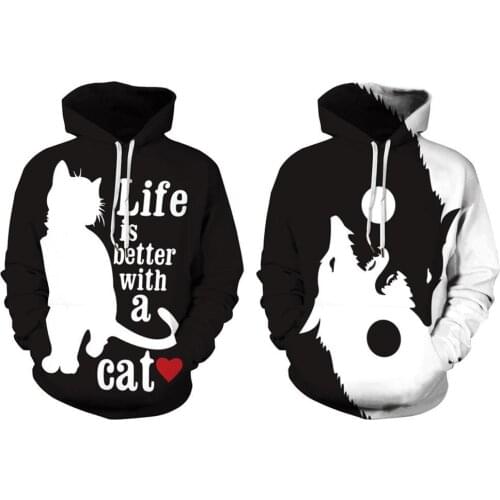 Unisex Fashion Long Sleeve Letters Yin Yang Wolf Print Blouse Hoodie Sweatshirt