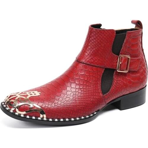 Winter Casual New Mens Classic Fashion Shoes Personality Crocodile Grain Cowhide Leather Metal Mens Boots