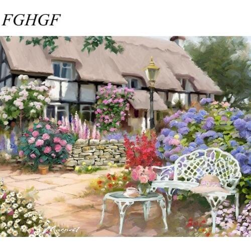 FGHGF Frameless Garden House Landscape DIY Painting By Numbers Picture On Wall Handpainted Oil Painting On