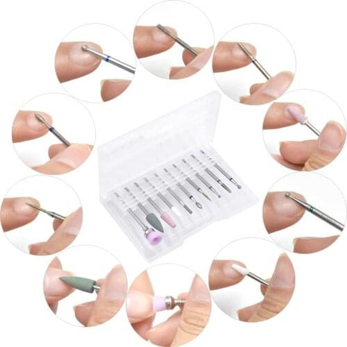 Nail Drill Bits Set Cuticle Tools 10Pcs Silver Tungsten Carbide Nail File Drill 3/32 Inch Nail Polishing Clear and Care