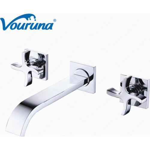 Vouruna Wall Mounted Bathroom Sink Faucet Built-in Wash Basin Mixer Taps Solid Brass Chrome Finish