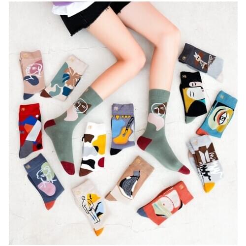 Autumn New Artistic Abstract Socks Women Fashion Popular Cartoon Happy Personalized Socks Print Cotton 12 styles Long socks