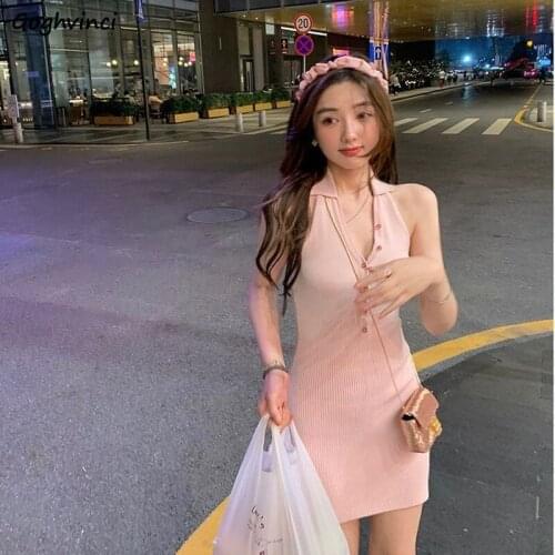Sleeveless Dress Women Summer Solid Pink All-match Fashion Korean Style Cute Sundress Holiday Leisure Turn Down Collar Mini New
