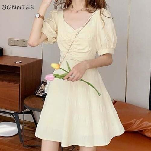 Dress Women Yellow Sweet Square Collar Female Lovely Back Hollow Out Vintage Elegant Puff Sleeve A-line Two-length Girls Empire