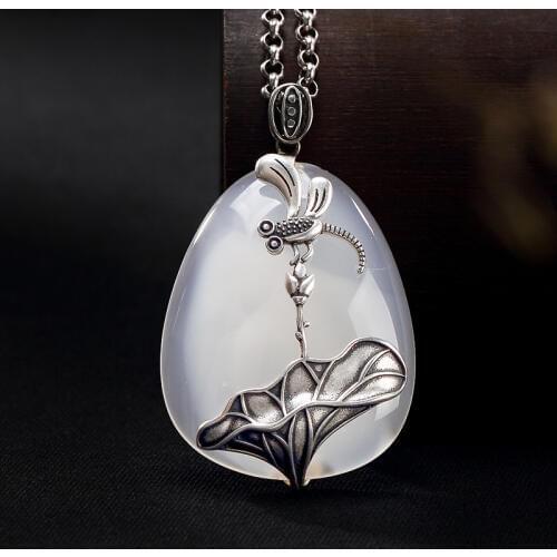 Silver S925 Sterling Silver Dragonfly lotus seed chalcedony agate long high-end ladies' sweater chain pendant wholesale