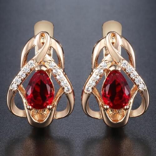 Earrings for Women Red Paved Clear Cubic Zirconia 585 Rose Gold Filled Heart Love Snap Closure GE99A