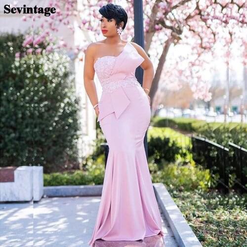 Sevintage Mermaid Pink Elastic Satin Prom Dresses Lace Ruched Long Evening Dress Princess Zipper Back Formal Party Gowns 2021