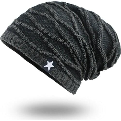 Hat Korean style tide knitted woolen hat winter plus velvet warmth diamond five-pointed star mens outdoor hat