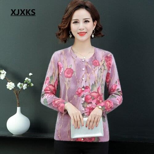 XJXKS Beautiful printed sweater women cardigan 2019 autumn winter new loose plus size mink cashmere knit cardigan women sweater