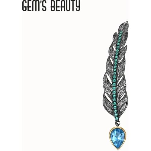 GEMS BEAUTY 925 Sterling Silver Womens Brooches 2021 Style Natural Pear Cut London Blue Topaz Handmade Feather Brooches