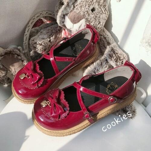 New Kawaii Lolita Cute Shoes Jk Women Flats Student Big Round Head Thick Heel Cross Buckle Heart-shaped Metal Pendant Pu Cosplay