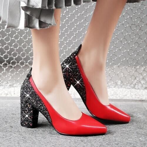 2021 Hot Sale Pumps Fashion Colorful Square Heel High Quality Leather Pointed Toe Shoes New Elegant Womens Pumps Bling 35-46