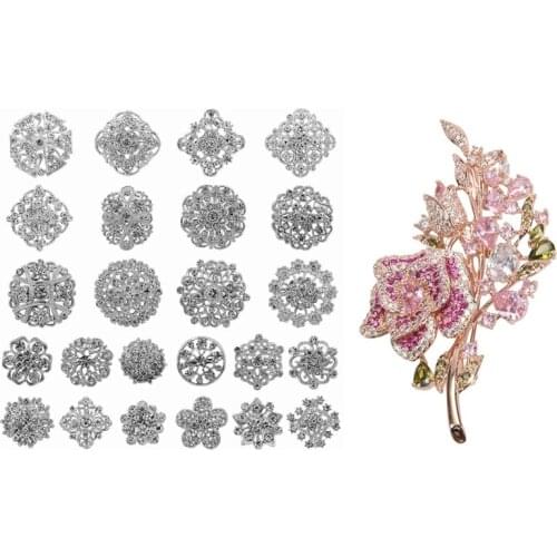 24Pc Clear Rhinestone Crystal Flower Brooches Pins Set & 1X Pink Cubic Zirconia Rose Flower Suit Brooch Lady Scarf