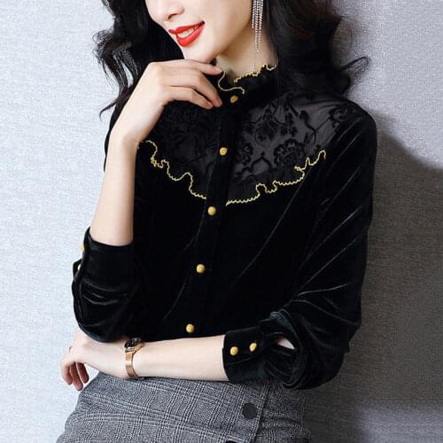Blouse Women Gold Velvet Lace Stitching Coat Female 2021 Spring Clothes Female Blusas Mujer De Moda