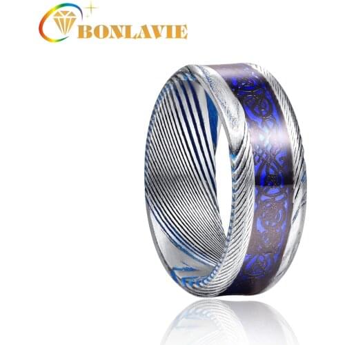 BONLAVIE 8mm Damascus Steel Inlaid with Dragon Pattern and Blue Paper Bottom Tungsten Steel Ring Mens Ring Wedding Bands