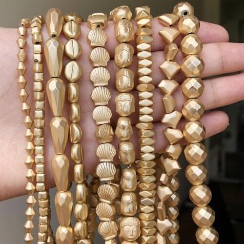 Natural Matte Gold Stone Hematite Faceted Buddha Bead Oval Square Loose Spacer Beads For Jewelry Making Diy Charm Bracelet