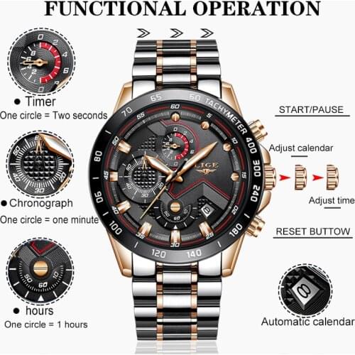 LIGE Original Brand Date Business Men Watch Stainless Steel Waterproof sport Chronograph Military Quartz Clock Relogio Masculino