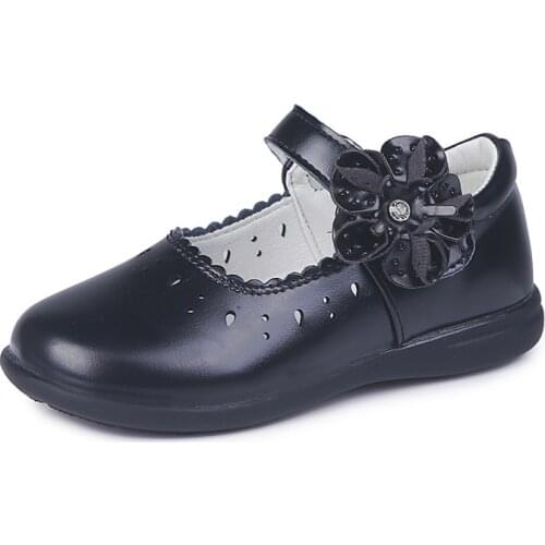 Kids Mary Jane Dress Flats Girls Princess Shoes Flower PU Leather Party Wedding Dress Shoes for Children School Shoe Black/White