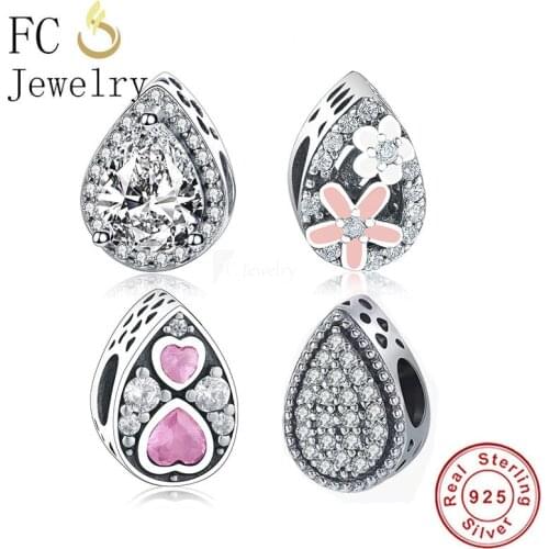 FC Jewelry Fit Original Brand Charm Bracelet 925 Silver Droplet Teardrop Infinity Pink Zircon Crystal Bead Making Berloque