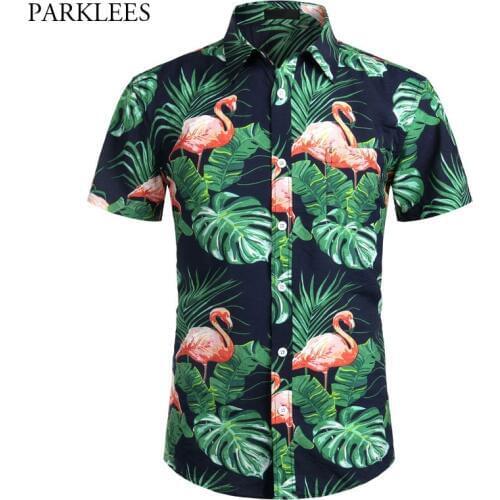 Flamingo Print Hawaiian Shirt for Men Summer Short Sleeve Mens Cotton Beach Hawaii Shits Casual Button Up Pocket Aloha Camisas