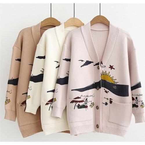 Cardigan Sweater Womens Autumn And Winter New Loose Cute Print Joker Long Sleeve Womens Knitted Jacket Sweaters Oversize 2020