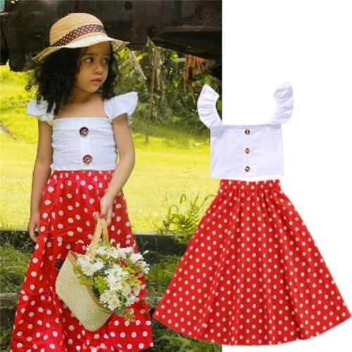 1-6T Baby Girls 2 Pcs Summer Clothes Set White Lotus Short Sleeve Square Collar Cropped Tops + Polka Dot Print Red Long Skirt