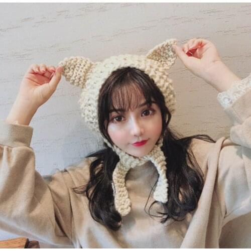Cute wool earmuffs female winter warm cute cat ears warm retro thick wool knit lace bag earmuffs womens wild style lace hat F21